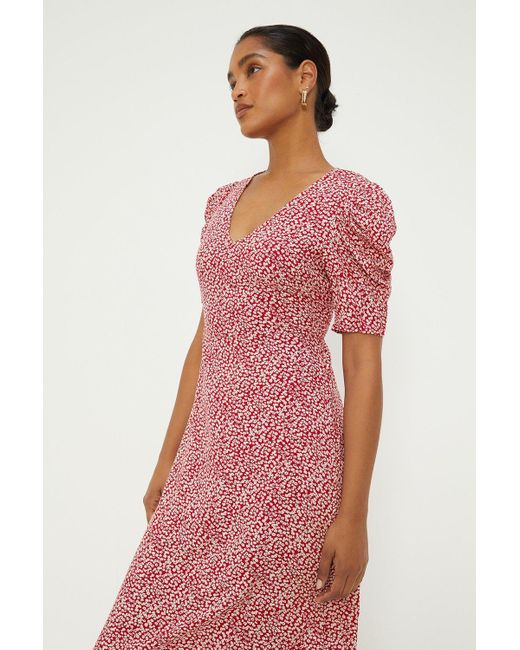 Dorothy Perkins Pink Red Ditsy Floral Puff Sleeve Midi Dress