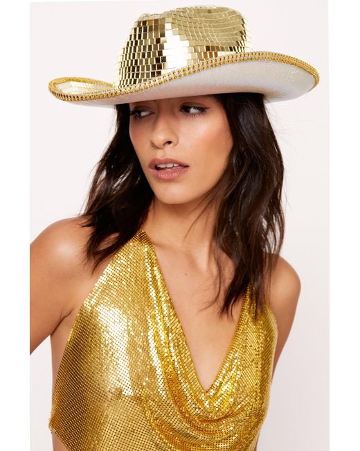 Nasty Gal Yellow Mirror Embellished Disco Ball Cowboy Hat