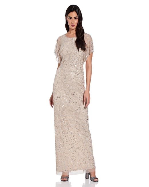 Adrianna Papell Natural Beaded Flutter Sleeve Gown