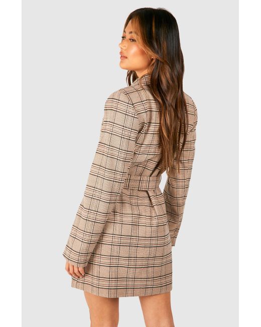 Boohoo Brown Double Breasted Flannel Blazer Dress