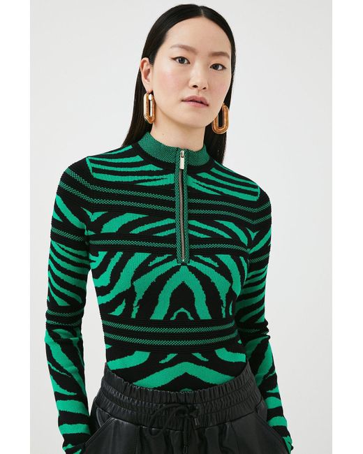 Karen Millen Green Textured Ottoman Zebra Jacquard Knit Top