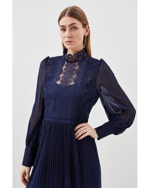 Karen Millen Blue Tall Long Sleeve Ombre Guipure Lace Maxi Dress