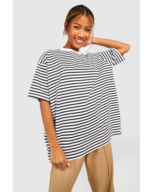 Boohoo White Basic Cotton Oversized Striped T-shirt