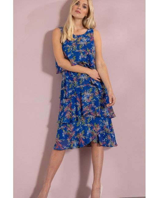 Klass Blue Layered Printed Chiffon Dress