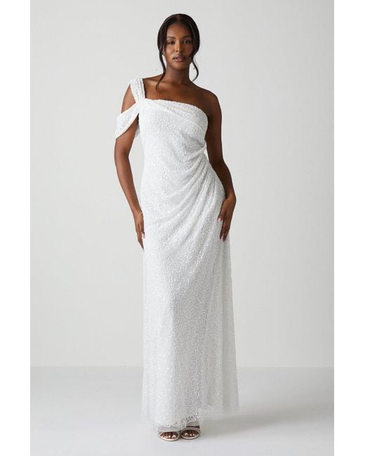 Coast White Bardot Asymmetrical Sequin Wedding Dress With Drape