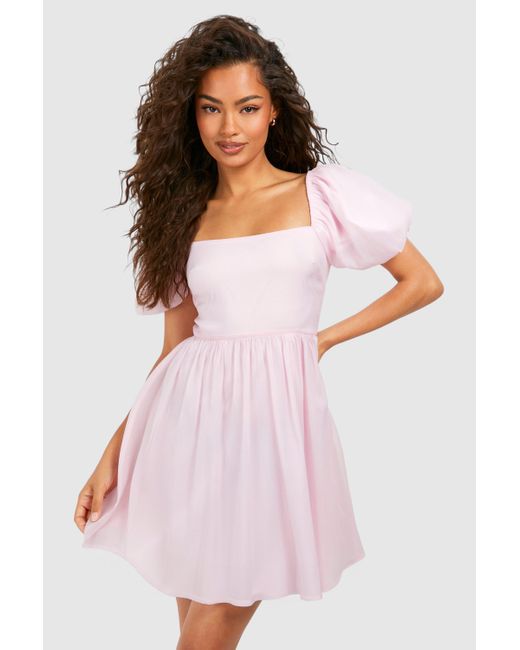 Boohoo Pink Puff Sleeve Chiffon Mini Skater Dress