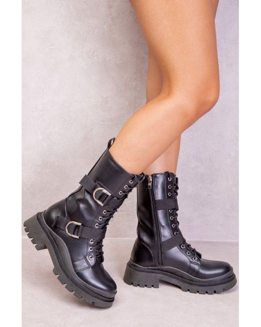 Where's That From Black 'arya' Buckle Lace Up Chunky Ankle Boots