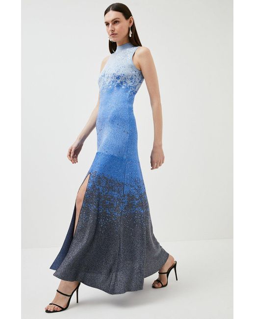 Karen Millen Blue Ombre Sparkle Slinky Knit Belted Maxi Dress