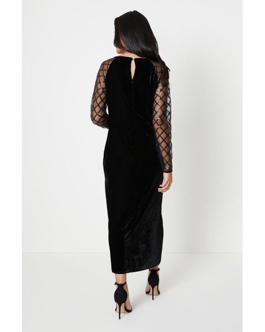 Wallis Black Petite Velvet Sequin Mesh Midi Dress