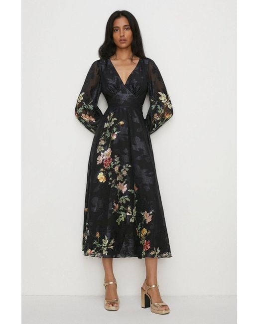 Oasis Black Placement Floral Satin Burnout V Neck Midaxi Dress