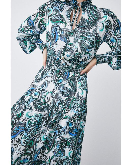 Karen Millen Blue Paisley Shirred Detail Woven Maxi Dress