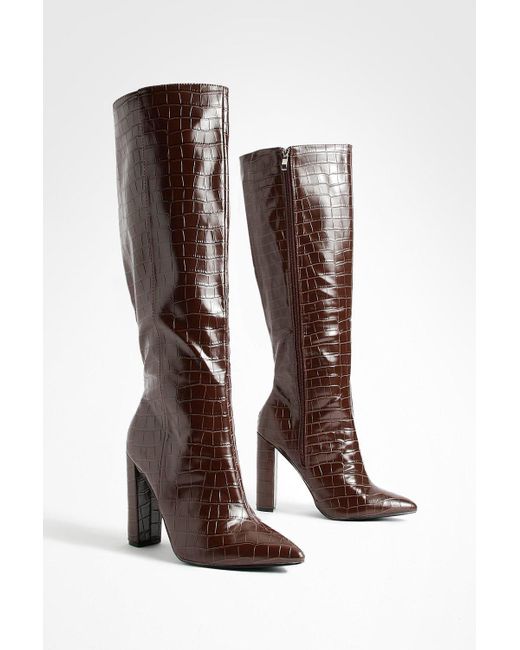 Boohoo Brown Wide Fit Pointed Toe Croc Knee High Boot