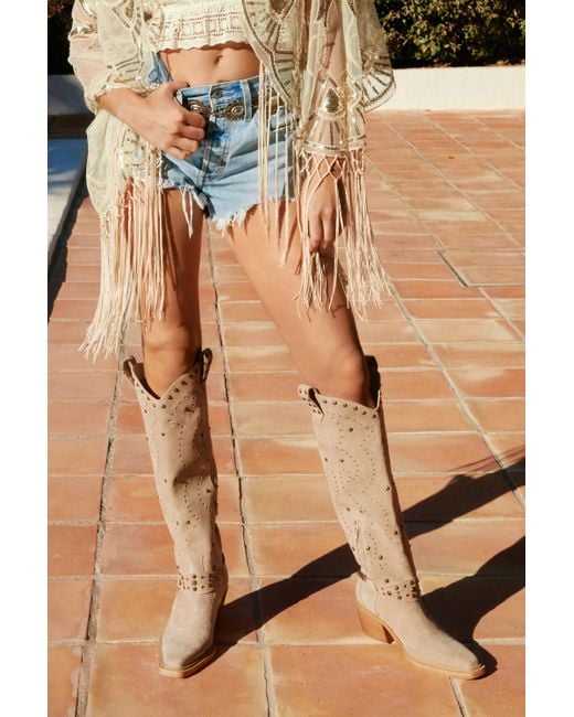 Nasty Gal Brown Suede Studded Harness Knee High Cowboy Boots