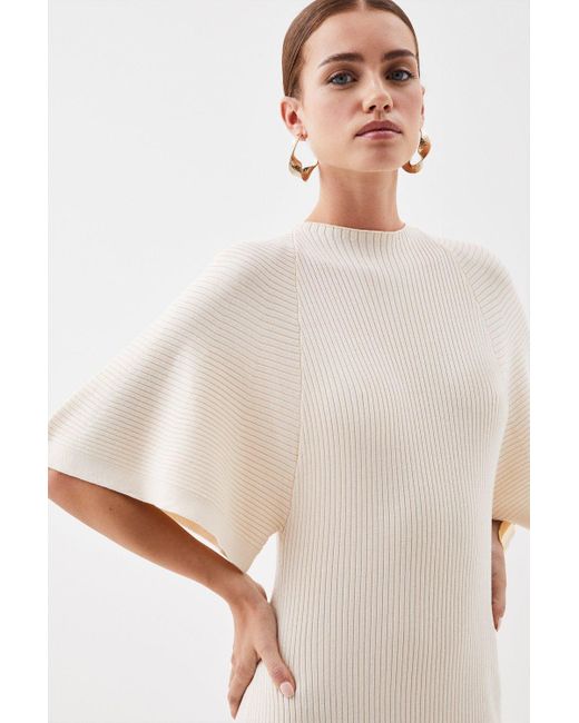 Karen Millen Natural Petite Viscose Blend Angel Sleeve Rib Knitted Midaxi Dress