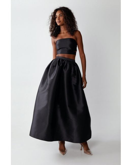 Warehouse Black Satin Twill Lantern Midi Skirt
