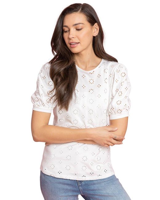 Roman White Puff Sleeve Broderie Detail Top
