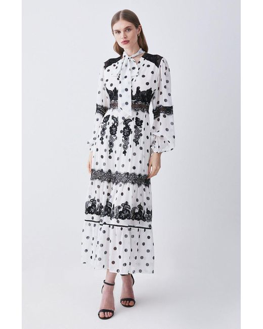 Karen Millen White Polka Dot Mix Lace & Embroidery Maxi Dress