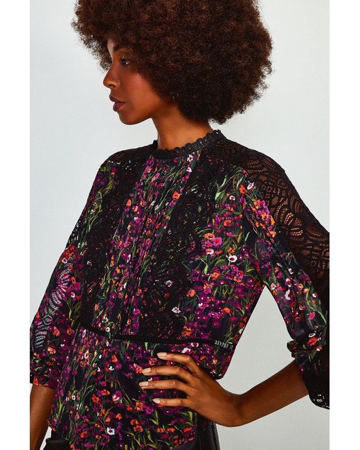 Karen Millen Black Floral Print Lace Detail Top