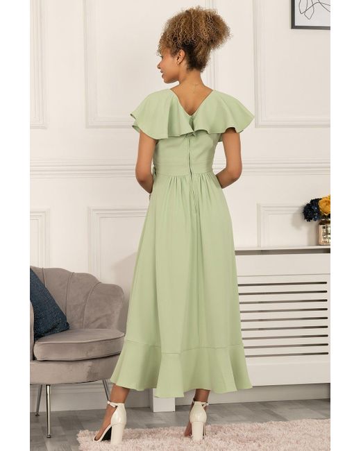Jolie Moi Green Racele Ruffle Plunging Maxi Dress