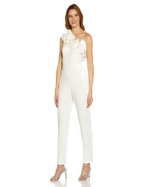 Adrianna Papell White Knit Crepe Ruffle Jumpsuit