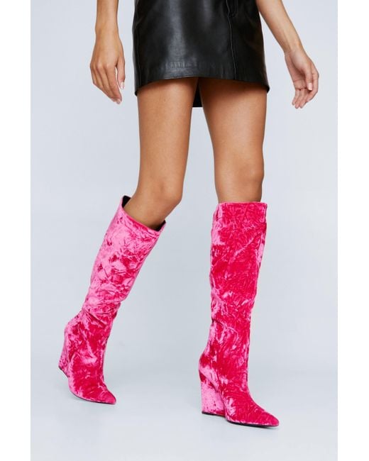 Nasty Gal Pink Velvet Pointed Toe Wedge Knee High Boots