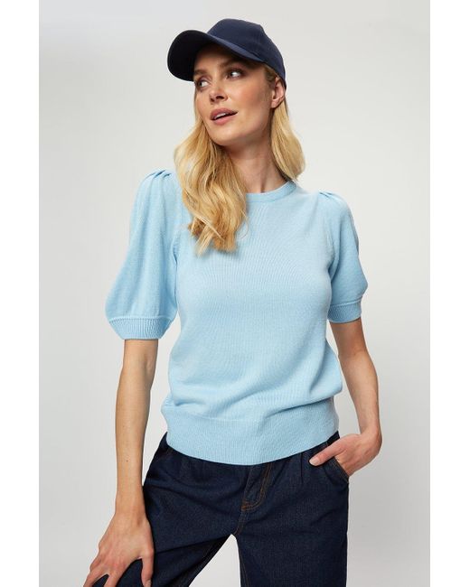 Dorothy Perkins White Pale Blue Puff Sleeve Knitted Tee