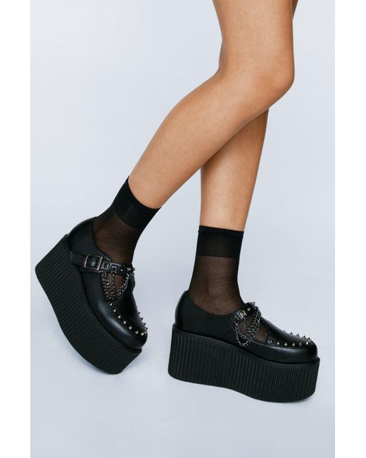 Nasty Gal Black Faux Leather Platform Chain & Stud Creeper Shoes
