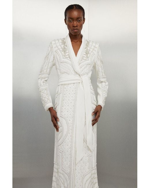 Karen Millen White Crystal Embellished Woven Maxi Blazer Dress