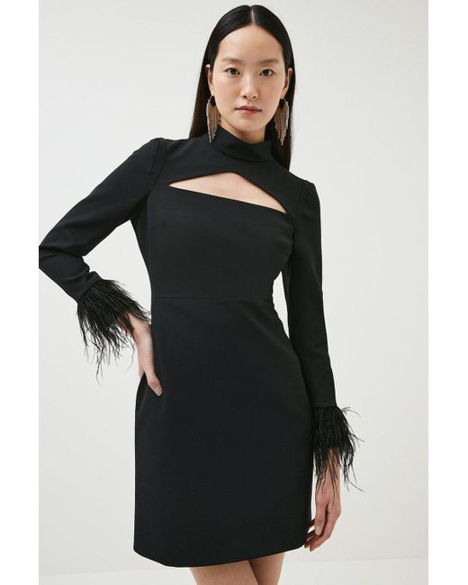 Karen Millen Black Structured Stretch Long Sleeve Feather Mini Dress