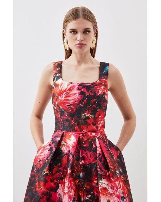 Karen Millen Red Floral Print Satin Twill Woven Strappy Maxi Prom Dress