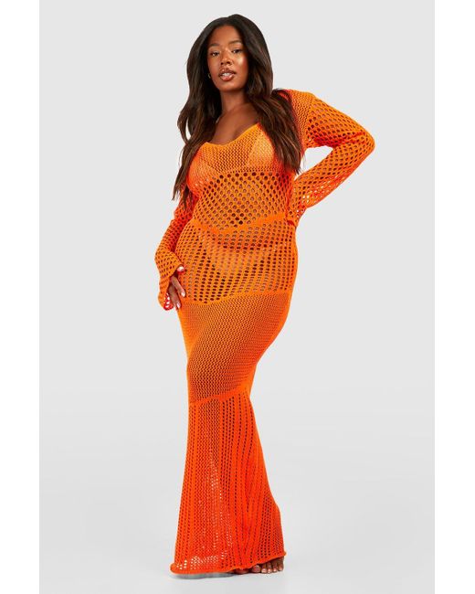 Boohoo Orange Plus Knitted Crochet Long Sleeve Maxi Dress