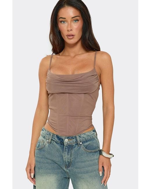 EGO Blue Corset Style Sleeveless Cowl Neck Mesh Corset Top