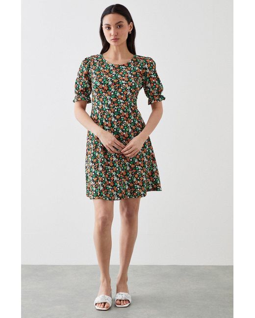 Dorothy Perkins Green Petite Ditsy Floral Short Sleeve Mini Dress
