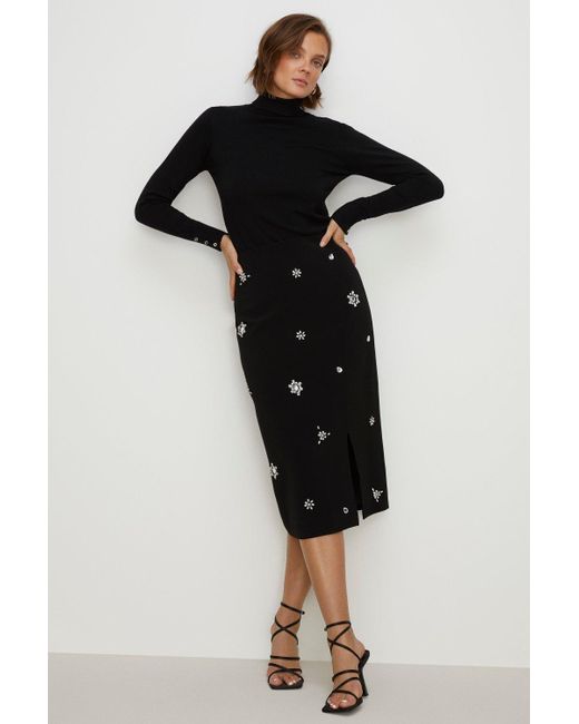Oasis Black Embellished Split Detail Midi Skirt