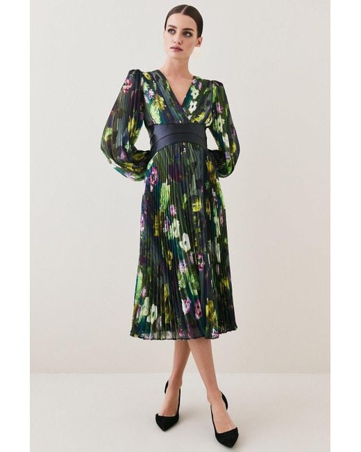 Karen Millen Green Petite Floral Pleated Pu Woven Maxi Dress