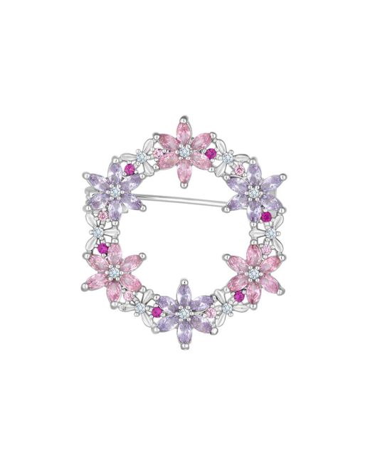 Jon Richard Black Silver Plated Pink Floral Cubic Zirconia Wreath Brooch - Gift Boxed