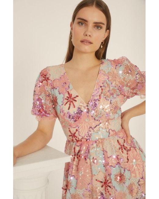 Oasis Pink Sequin Embroidered Floral Mesh V Neck Maxi Dress