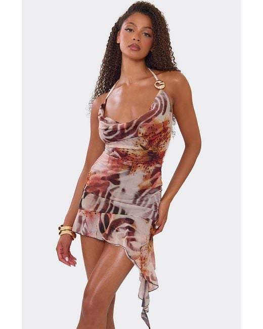 EGO Orange Strappy Frill Trim Abstract Print Mini Dress