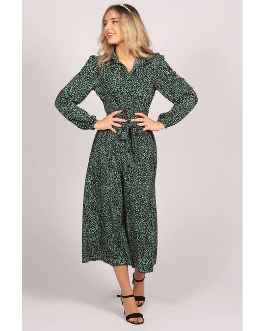 Tenki Green Full Sleeve Leopard Print Shirt Maxi Dress