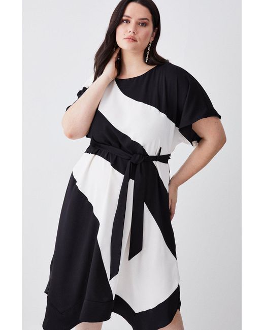 Karen Millen Black Plus Size Soft Tailored Colour Block Tie Waist Midi Dress