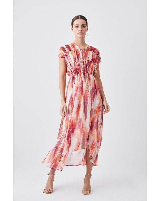 Karen Millen Petite Watercolour Crinkle Shirred Woven Maxi Dress