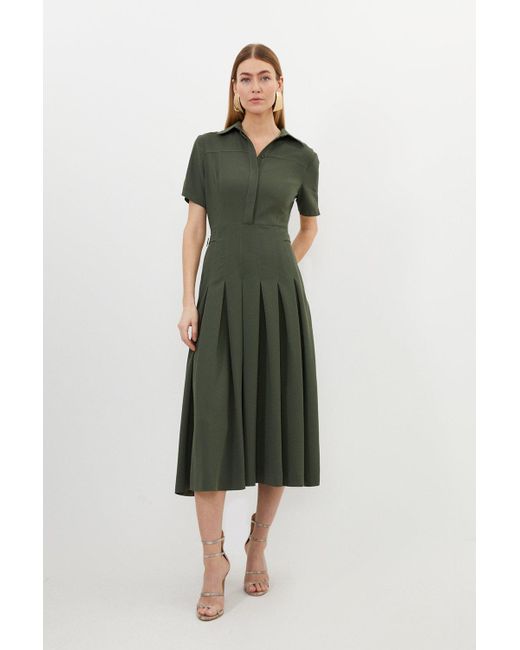 Karen Millen Green Tall Tailored Crepe Short Sleeve Pleated Midi Dress