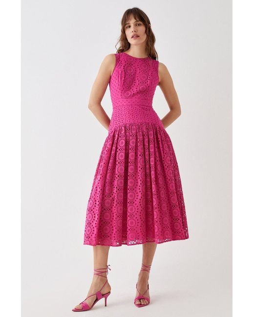 Coast Pink Panelled Drop Waist Broderie Midi Dress