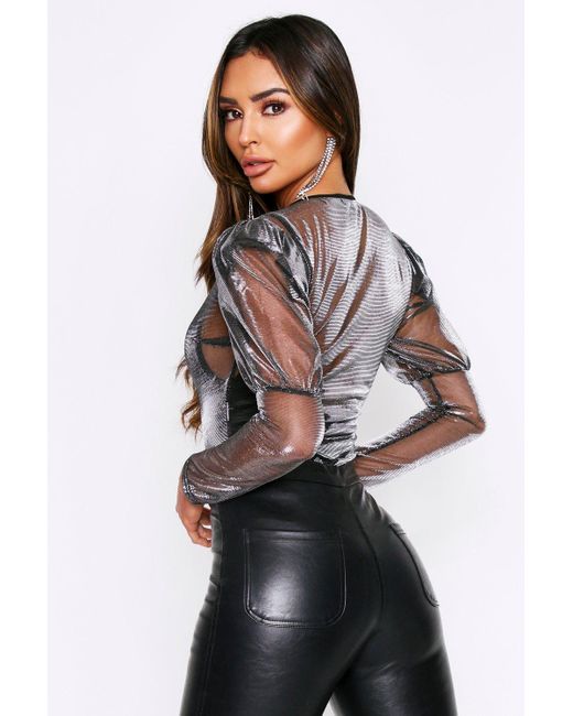 MissPap Black Glitter Puff Sleeve Bodysuit