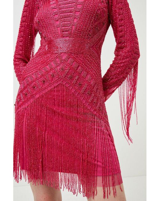 Karen Millen Red Petite Beaded Fringed Woven Mini Dress