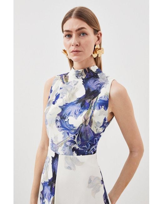 Karen Millen Blue Petite Tailored Crepe Floral Print Tie Neck Midi Dress