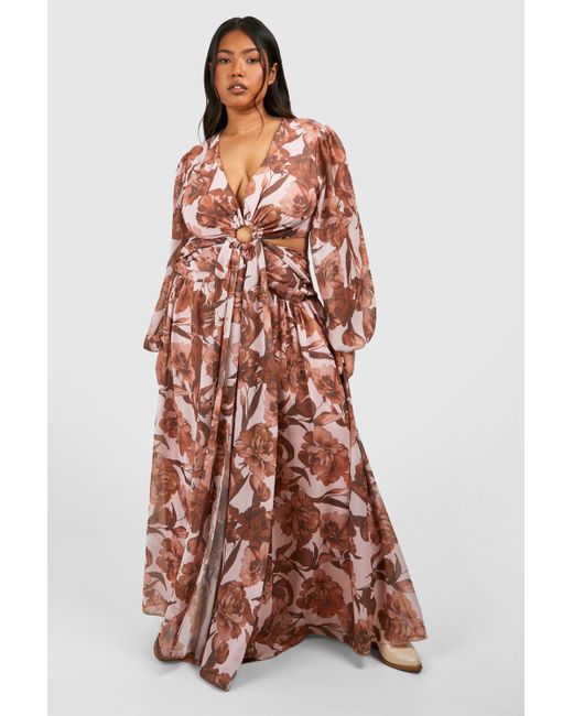 Boohoo Brown Plus Floral Print Chiffon Cut Out Maxi Dress