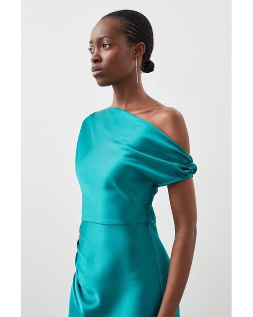 Karen Millen Blue Tall Satin Draped One Shoulder Woven Maxi Dress
