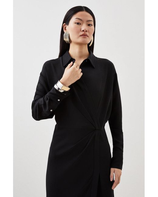 Karen Millen Black Viscose Crepe Long Sleeve Woven Midi Shirt Dress