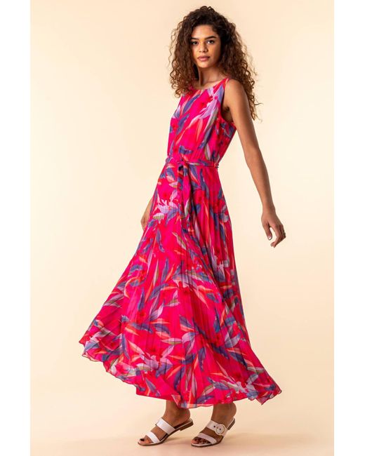 Roman Red Tropical Print Pleated Maxi Dress